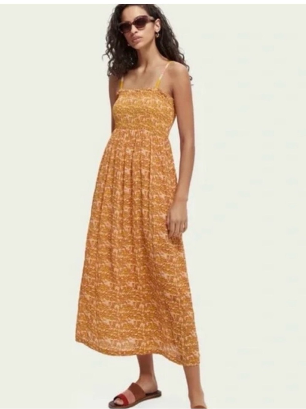Scotch & Soda Mustard Smocked Midi Dress with Thin Rainbow Straps